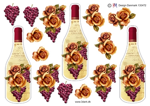  3D Vinflaske med druer og roser